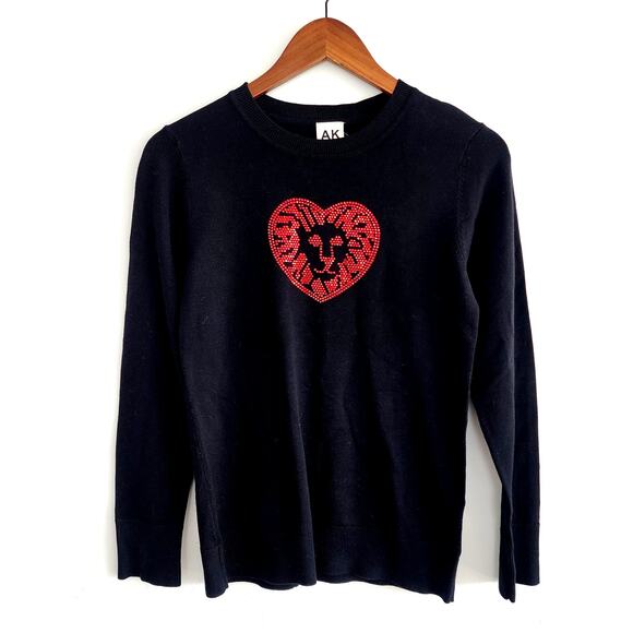 Anne Klein Black with Heart Lion Red Rhinestone Crystal Sweater Size XS - Picture 1 of 4